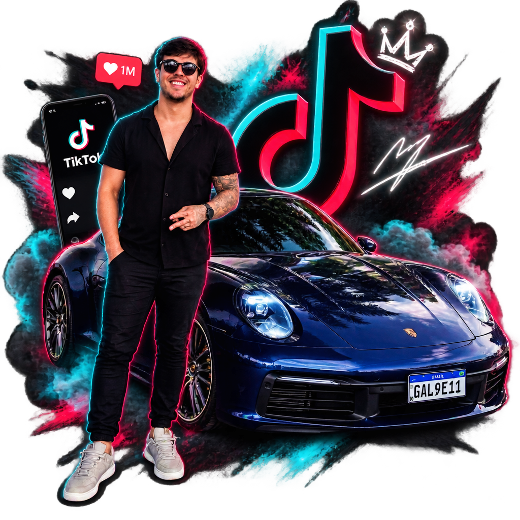 João ao lado do Porsche com identidade visual do TikTok